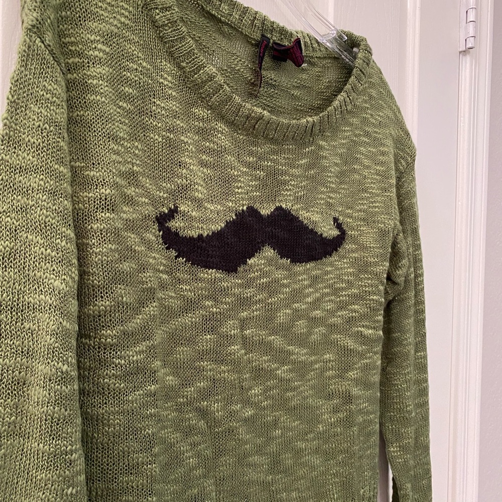Heart N Crush Green Lightweight Long Sleeve Sweater With Mustache Graphic - Picture 4 of 15